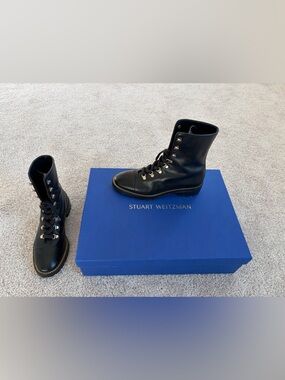 Stuart Weitzman Black Leather Lace-Up Ankle Boots with Golden Chain Accent